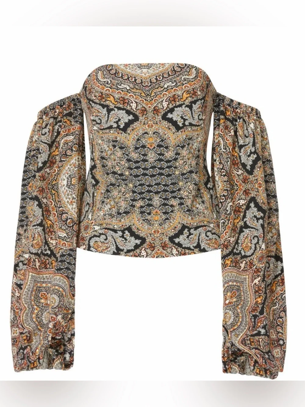 Bronx & Banco Off-Shoulder Paisley Print Blouson Sleeve Top Black & Brown Size 6